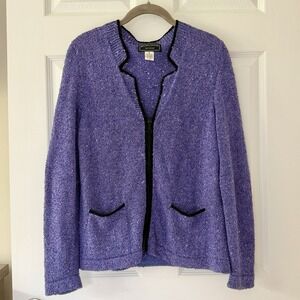 Hand Loomed Knit Cardigan Sweater Small Purple Country Club Full Zip Handmade